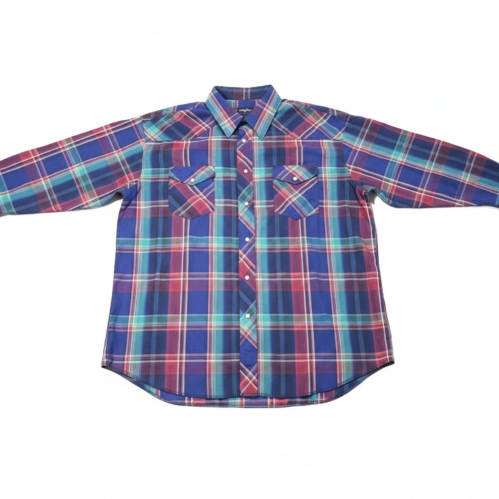 Wrangler Western Shirt Men XL Tall Pearl Snap Plaid Long Sleeve Blue Red X-Long